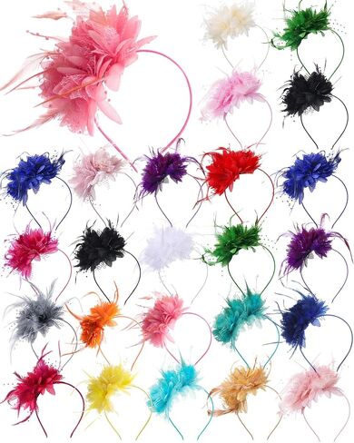 24 Pcs Fascinators Hats Tea Party Hats for Women Feather Pearl Headband with Veil 50s Vintage Feathers Pearl on a Headband or a Clip for Women Wedding Cocktail Dresses Accessories in Saudi Arabia