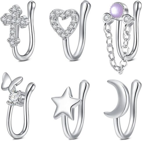 JFORYOU 6Pcs Gold/Silver U-Shape Fake Nose Rings Stainless Steel Inlaid CZ Heart Cross Butterfly Faux Piercing Jewelry No Pierced Star Moon Clip on Nose Ring for Women Men Opal Dangling Nose Cuff in Kuwait