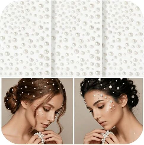 3 Sheets Face Gems Stickers for Hair & Body, Self-Adhesive Fake Piercing Stickers for Nose Lip & Eyebrow, 3-6mm Flatback Pearls for Festival Makeup, Faux Nose Stud DIY Crafts in Saudi Arabia