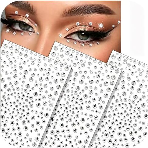 3 Sheets Face Gems Stickers for Hair & Body, Self-Adhesive Fake Piercing Stickers for Nose Lip & Eyebrow, 3-6mm Flatback Pearls for Festival Makeup, Faux Nose Stud DIY Crafts in Kuwait