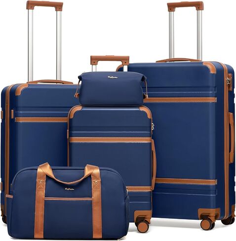 LONG VACATION Luggage Sets 5 Piece, Suitcases With Wheels, PC+ABS Hardshell Luggage Set with Spinner Wheels, TSA Lock (White Brown) in Saudi Arabia