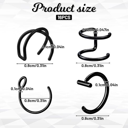 Psyqtsuary Fake Lip Piercings, 16 Pcs Stainless Steel Fake Snake Bites 8mm Faux Nose Ring Non Piercing Hoop Clip on Lip Rings for Women Men (Black) in Kuwait