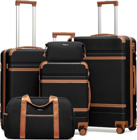 LONG VACATION Luggage Sets 5 Piece, Suitcases With Wheels, PC+ABS Hardshell Luggage Set with Spinner Wheels, TSA Lock (White Brown) in Saudi Arabia