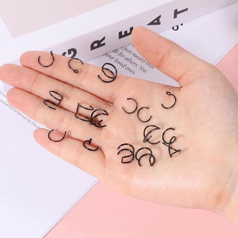 Psyqtsuary Fake Lip Piercings, 16 Pcs Stainless Steel Fake Snake Bites 8mm Faux Nose Ring Non Piercing Hoop Clip on Lip Rings for Women Men (Black) in Kuwait