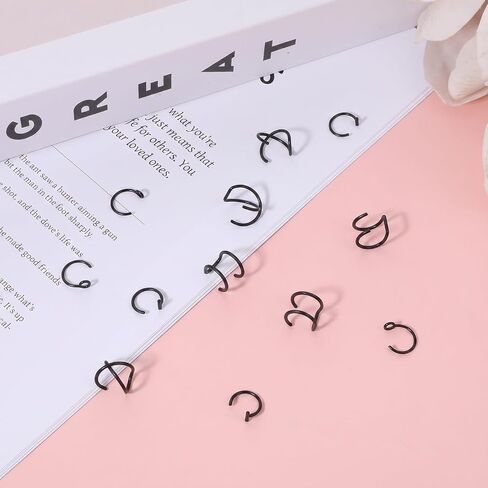 Psyqtsuary Fake Lip Piercings, 16 Pcs Stainless Steel Fake Snake Bites 8mm Faux Nose Ring Non Piercing Hoop Clip on Lip Rings for Women Men (Black) in Kuwait