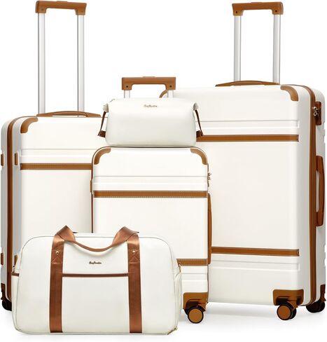LONG VACATION Luggage Sets 5 Piece, Suitcases With Wheels, PC+ABS Hardshell Luggage Set with Spinner Wheels, TSA Lock (White Brown) in Saudi Arabia