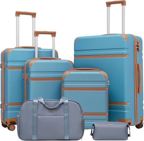LONG VACATION Luggage Sets 5 Piece, Suitcases With Wheels, PC+ABS Hardshell Luggage Set with Spinner Wheels, TSA Lock (White Brown) in Saudi Arabia