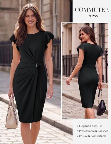 GRACE KARIN Church Dresses for Women,Ruffle Short Sleeve Work Dress,Ruched Bodycon Business Midi Dress in Kuwait