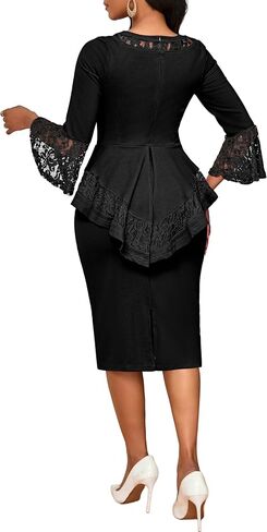 Lace Dresses for Women Wedding Guest Elegant Long Sleeve Cocktail Business Knee Length Pencil Dress in Kuwait