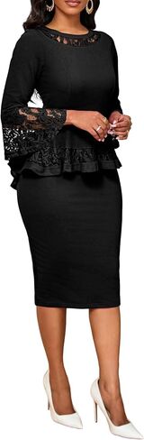 Lace Dresses for Women Wedding Guest Elegant Long Sleeve Cocktail Business Knee Length Pencil Dress in Kuwait