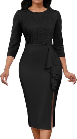 Lace Dresses for Women Wedding Guest Elegant Long Sleeve Cocktail Business Knee Length Pencil Dress in Kuwait