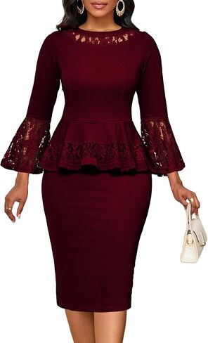 Lace Dresses for Women Wedding Guest Elegant Long Sleeve Cocktail Business Knee Length Pencil Dress in Kuwait