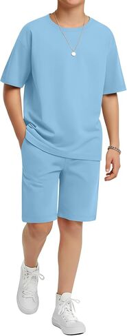 Boy's 2 Piece Outfits Set Summer Comfy Crewneck Oversized Short Sleeve Shirts Shorts Casual Clothing 5-14 Years in Kuwait