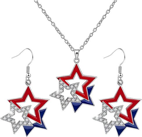 Mysense 4th of July Earrings and Necklace Set for Women, Red White Blue Patriotic Star Dangle Earrings, American Flag Pendant Necklace, Patriotic Jewelry for 4th of July Outfits, USA Independence Day Accessories, Memorial Day Jewelry, 250 Anniversary USA  in Saudi Arabia