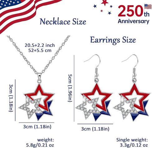 Mysense 4th of July Earrings and Necklace Set for Women, Red White Blue Patriotic Star Dangle Earrings, American Flag Pendant Necklace, Patriotic Jewelry for 4th of July Outfits, USA Independence Day Accessories, Memorial Day Jewelry, 250 Anniversary USA  in Saudi Arabia