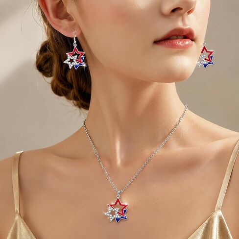 Mysense 4th of July Earrings and Necklace Set for Women, Red White Blue Patriotic Star Dangle Earrings, American Flag Pendant Necklace, Patriotic Jewelry for 4th of July Outfits, USA Independence Day Accessories, Memorial Day Jewelry, 250 Anniversary USA  in Saudi Arabia