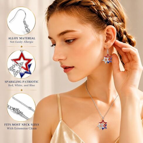 Mysense 4th of July Earrings and Necklace Set for Women, Red White Blue Patriotic Star Dangle Earrings, American Flag Pendant Necklace, Patriotic Jewelry for 4th of July Outfits, USA Independence Day Accessories, Memorial Day Jewelry, 250 Anniversary USA  in Saudi Arabia