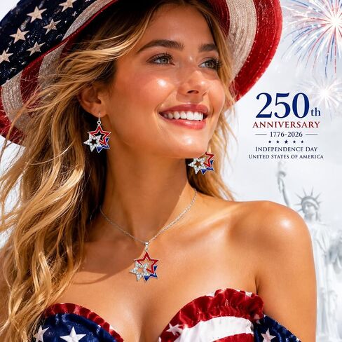 Mysense 4th of July Earrings and Necklace Set for Women, Red White Blue Patriotic Star Dangle Earrings, American Flag Pendant Necklace, Patriotic Jewelry for 4th of July Outfits, USA Independence Day Accessories, Memorial Day Jewelry, 250 Anniversary USA  in Saudi Arabia