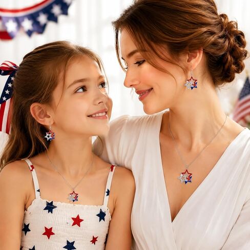 Mysense 4th of July Earrings and Necklace Set for Women, Red White Blue Patriotic Star Dangle Earrings, American Flag Pendant Necklace, Patriotic Jewelry for 4th of July Outfits, USA Independence Day Accessories, Memorial Day Jewelry, 250 Anniversary USA  in Saudi Arabia