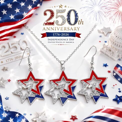 Mysense 4th of July Earrings and Necklace Set for Women, Red White Blue Patriotic Star Dangle Earrings, American Flag Pendant Necklace, Patriotic Jewelry for 4th of July Outfits, USA Independence Day Accessories, Memorial Day Jewelry, 250 Anniversary USA  in Saudi Arabia