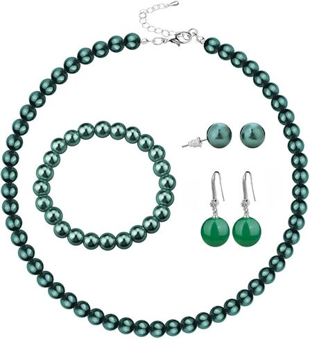 tenghong2021 Fashion Classic Faux Pearl Jewelry Set Necklace Bracelet Earrings for Women Best Gift in Kuwait