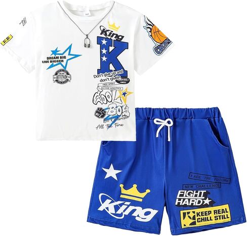 Boys Summer Clothes Short Sleeve Top and Shorts 2-Piece Kids Outfits Boys Sets Size 7-12 Years in Kuwait