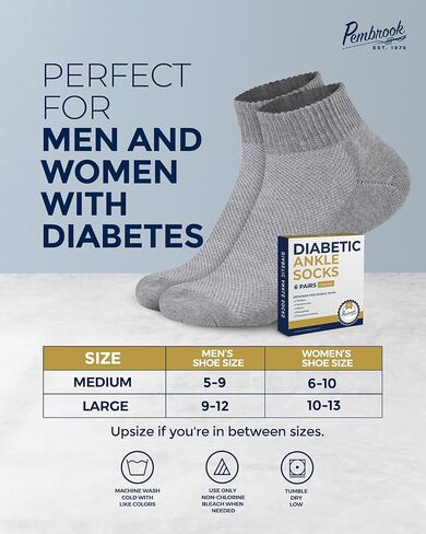 Pembrook Diabetic Ankle Socks for Women and Men - 6 Pairs | Low Cut Neuropathy Socks for Women | Smooth Toe Seams in Kuwait