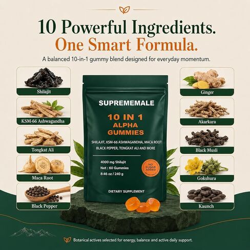 SupremeMale 10 in 1 Alpha Gummies - 4000 mg Herbal Performance Blend with Ashwagandha, Tongkat Ali, Maca & Shilajit – Supports Daily Energy, Stamina & Male Wellness (1) in Saudi Arabia