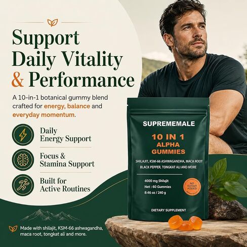 SupremeMale 10 in 1 Alpha Gummies - 4000 mg Herbal Performance Blend with Ashwagandha, Tongkat Ali, Maca & Shilajit – Supports Daily Energy, Stamina & Male Wellness (1) in Saudi Arabia