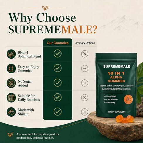 SupremeMale 10 in 1 Alpha Gummies - 4000 mg Herbal Performance Blend with Ashwagandha, Tongkat Ali, Maca & Shilajit – Supports Daily Energy, Stamina & Male Wellness (1) in Saudi Arabia