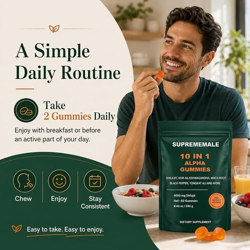 SupremeMale 10 in 1 Alpha Gummies - 4000 mg Herbal Performance Blend with Ashwagandha, Tongkat Ali, Maca & Shilajit – Supports Daily Energy, Stamina & Male Wellness (1) in Saudi Arabia