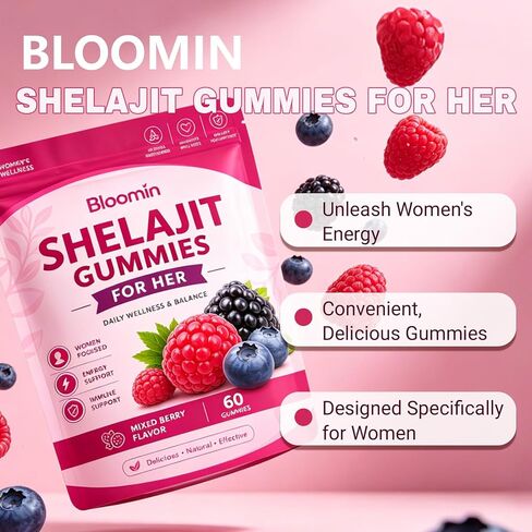Bloomin Shilajit Gummies for Her, صحة المرأة، التوت المختلط 60 علكة in Kuwait