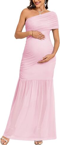 CYCLAMEN One Shoulder Maternity Dress Elegant Mermaid Mesh Ruched Formal Maxi Dresses for Baby Shower Photoshoot Gown in Kuwait