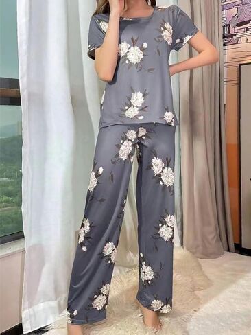 Floral Print Crew Neck Short Sleeve Top and Pants Women's Casual Loungewear Pajama Set in Kuwait