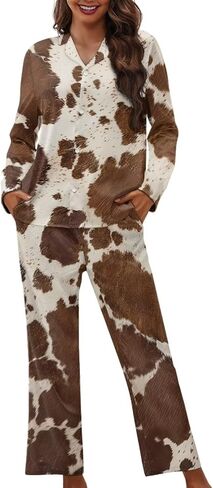 Funnydude Cute Print Pajamas for Women Set Button down Lounge Pajamas Fall Long Sleeve Pjs in Kuwait
