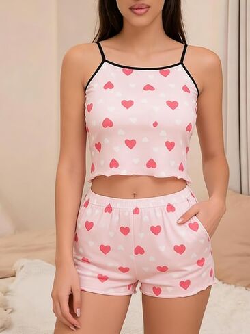 pajamas for women set Women's Pink Heart Print Pajama Set Cami Top and Shorts Contrast Trim Loungewear Sleepwear in Kuwait
