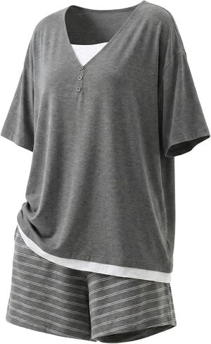 2pc Women’s Short Sleeve Pajama Set with Built-in Bra Support Summer Cooling Fabric Homewearing Dorm Essential in Kuwait