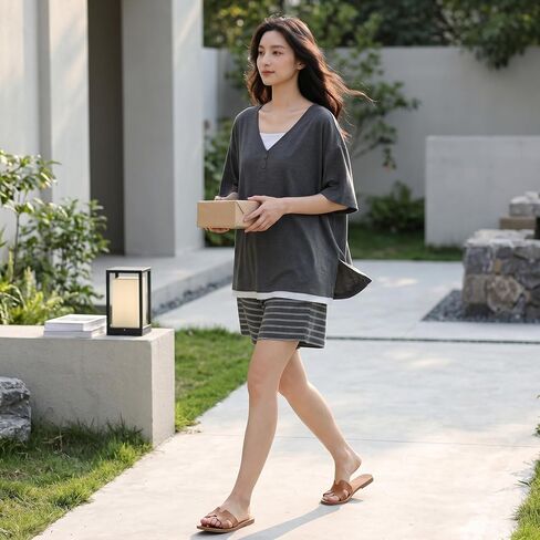 2pc Women’s Short Sleeve Pajama Set with Built-in Bra Support Summer Cooling Fabric Homewearing Dorm Essential in Kuwait