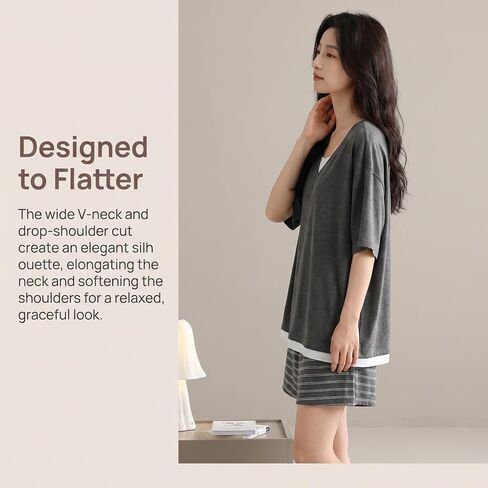 2pc Women’s Short Sleeve Pajama Set with Built-in Bra Support Summer Cooling Fabric Homewearing Dorm Essential in Kuwait