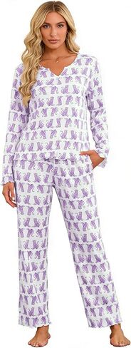 LYCY Animal Print Pajamas for Women, Soft Rib Long Sleeve 2-Piece Sleepwear Set, Cute Y2K Button Down Lounge PJs in Saudi Arabia