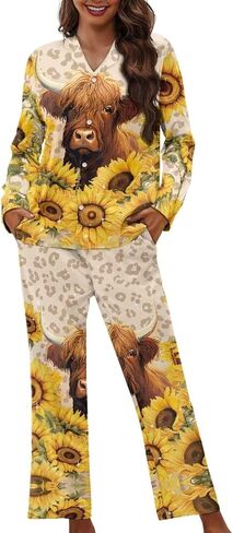 Funnydude Cute Print Pajamas for Women Set Button down Lounge Pajamas Fall Long Sleeve Pjs in Kuwait