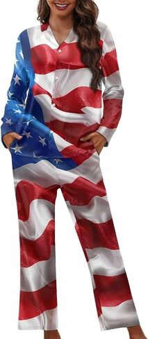 Funnydude Cute Print Pajamas for Women Set Button down Lounge Pajamas Fall Long Sleeve Pjs in Kuwait