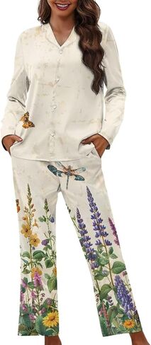 Funnydude Cute Print Pajamas for Women Set Button down Lounge Pajamas Fall Long Sleeve Pjs in Kuwait