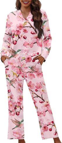 Funnydude Cute Print Pajamas for Women Set Button down Lounge Pajamas Fall Long Sleeve Pjs in Kuwait