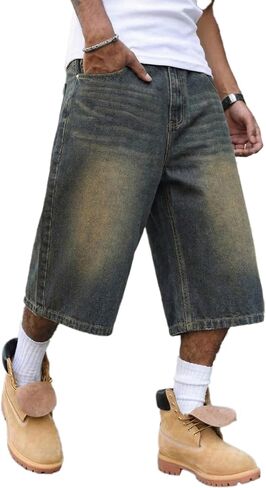 Mens Baggy Jean Shorts, Loose Fit Vintage Wide Leg Jorts, Y2K Streetwear Denim Capri Pants with Elastic Back Waistband in Saudi Arabia