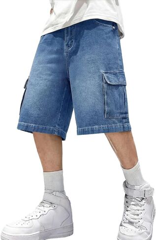 شورت جينز رجالي Y2K Carpenter فضفاض، ممزق Jorts واسع الساق، شورت طويل من قماش الدنيم فضفاض مناسب للصيف in Kuwait