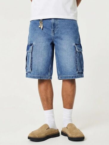 شورت جينز رجالي Y2K Carpenter فضفاض، ممزق Jorts واسع الساق، شورت طويل من قماش الدنيم فضفاض مناسب للصيف in Kuwait