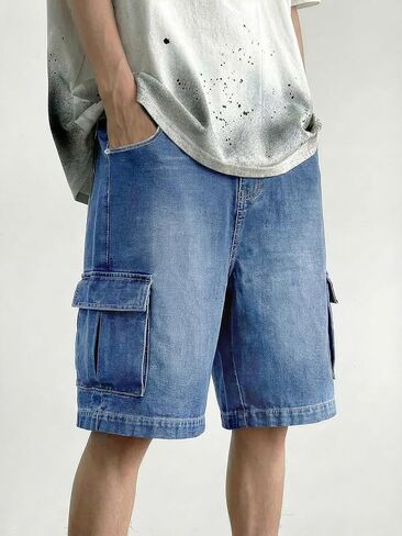 شورت جينز رجالي Y2K Carpenter فضفاض، ممزق Jorts واسع الساق، شورت طويل من قماش الدنيم فضفاض مناسب للصيف in Kuwait