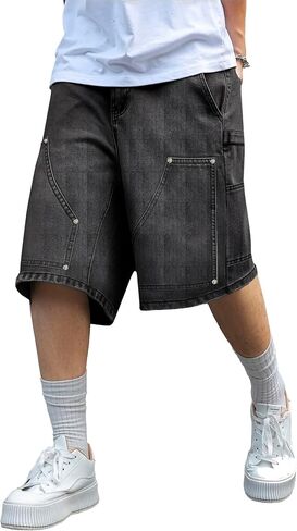 شورت جينز رجالي Y2K Carpenter فضفاض، ممزق Jorts واسع الساق، شورت طويل من قماش الدنيم فضفاض مناسب للصيف in Kuwait