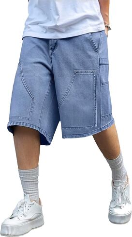 شورت جينز رجالي Y2K Carpenter فضفاض، ممزق Jorts واسع الساق، شورت طويل من قماش الدنيم فضفاض مناسب للصيف in Kuwait